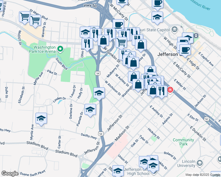 map of restaurants, bars, coffee shops, grocery stores, and more near 908 Broadway in Jefferson City