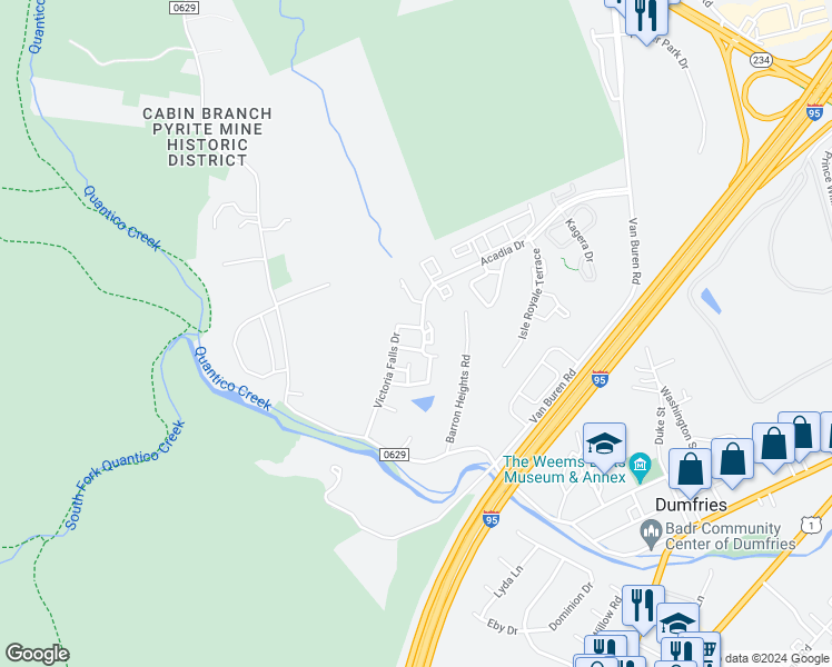 map of restaurants, bars, coffee shops, grocery stores, and more near 17501 Victoria Falls Drive in Dumfries
