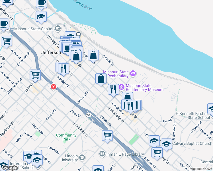 map of restaurants, bars, coffee shops, grocery stores, and more near 529 East High Street in Jefferson City
