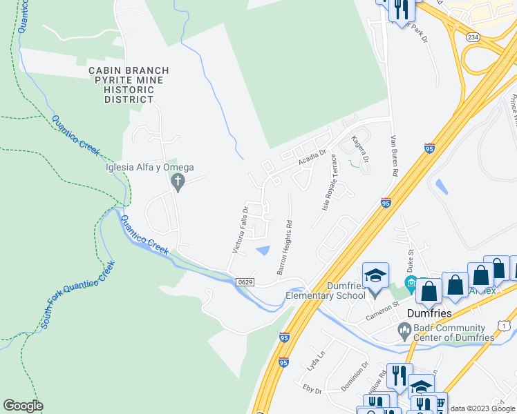 map of restaurants, bars, coffee shops, grocery stores, and more near 17501 Victoria Falls Drive in Dumfries