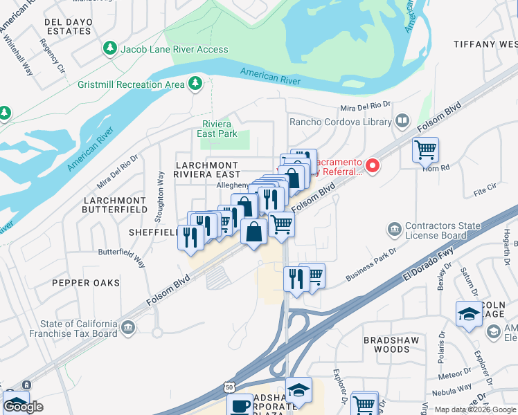 map of restaurants, bars, coffee shops, grocery stores, and more near 9700 Elmira Circle in Sacramento