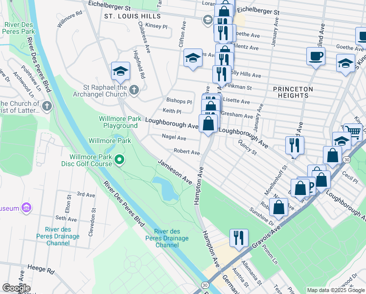 map of restaurants, bars, coffee shops, grocery stores, and more near 5838 Robert Avenue in St. Louis