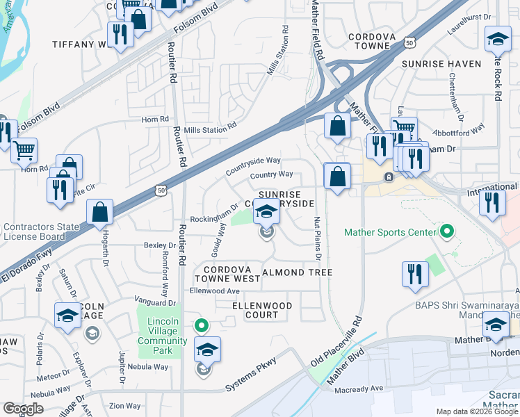 map of restaurants, bars, coffee shops, grocery stores, and more near 3312 Hartselle Way in Sacramento