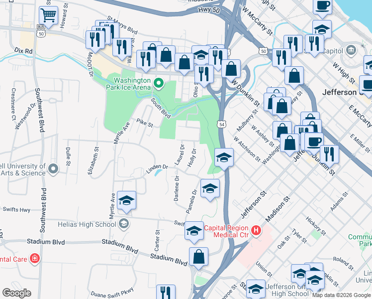 map of restaurants, bars, coffee shops, grocery stores, and more near 1012 Holly Drive in Jefferson City