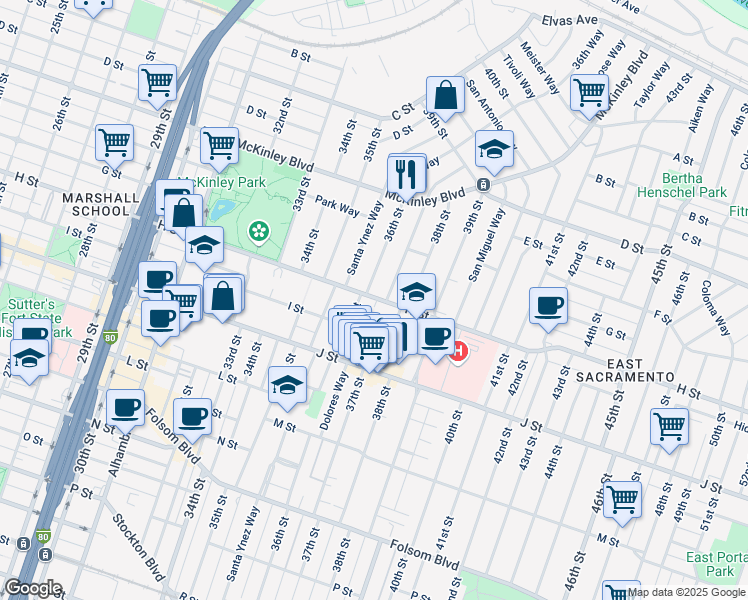 map of restaurants, bars, coffee shops, grocery stores, and more near 3644 H Street in Sacramento