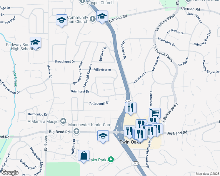 map of restaurants, bars, coffee shops, grocery stores, and more near 1145 Great Falls Court in Ballwin