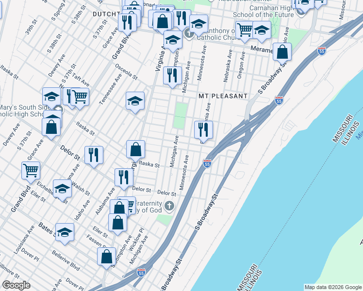 map of restaurants, bars, coffee shops, grocery stores, and more near 3114 Mount Pleasant Street in St. Louis