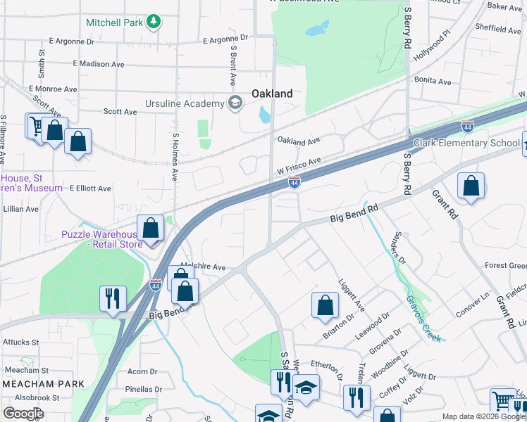 map of restaurants, bars, coffee shops, grocery stores, and more near 632 Sappington Road in St. Louis