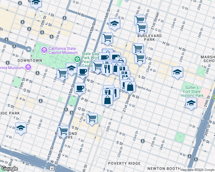 map of restaurants, bars, coffee shops, grocery stores, and more near 1830 N Street in Sacramento