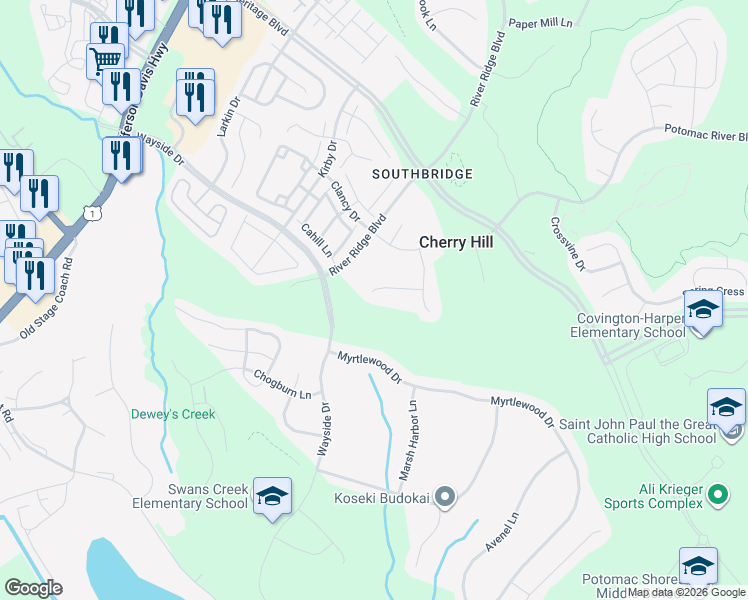 map of restaurants, bars, coffee shops, grocery stores, and more near 2925 Nicely Court in Dumfries