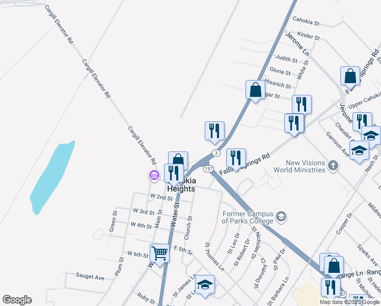 map of restaurants, bars, coffee shops, grocery stores, and more near 93 Water Street in Cahokia