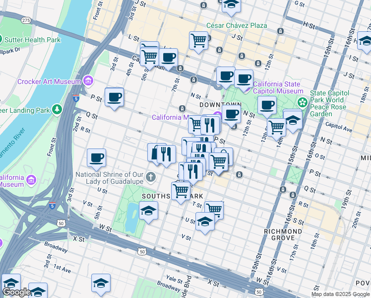 map of restaurants, bars, coffee shops, grocery stores, and more near 1700 9th Street in Sacramento