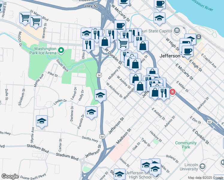 map of restaurants, bars, coffee shops, grocery stores, and more near 908 Broadway in Jefferson City