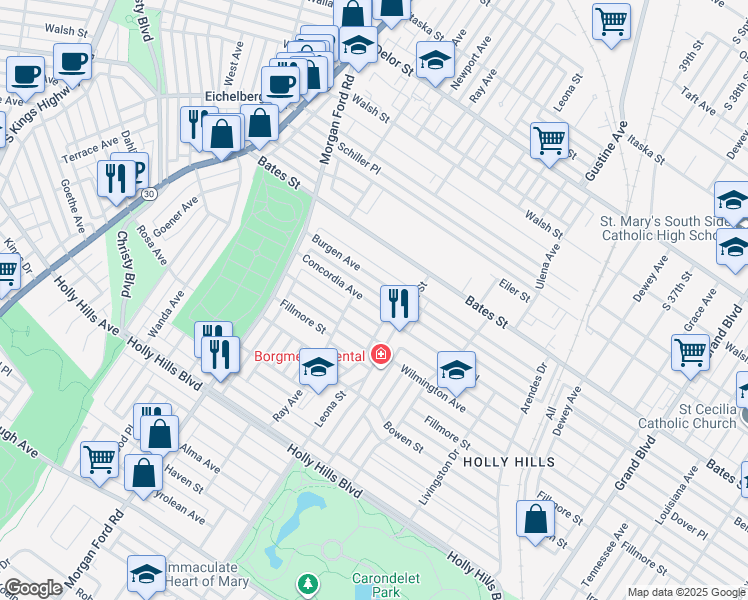 map of restaurants, bars, coffee shops, grocery stores, and more near 4079 Concordia Avenue in St. Louis