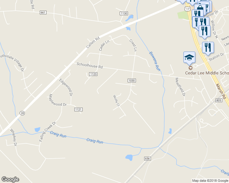 map of restaurants, bars, coffee shops, grocery stores, and more near 11205 Wolfe Court in Bealeton