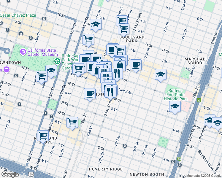 map of restaurants, bars, coffee shops, grocery stores, and more near 2030 Capitol Avenue in Sacramento