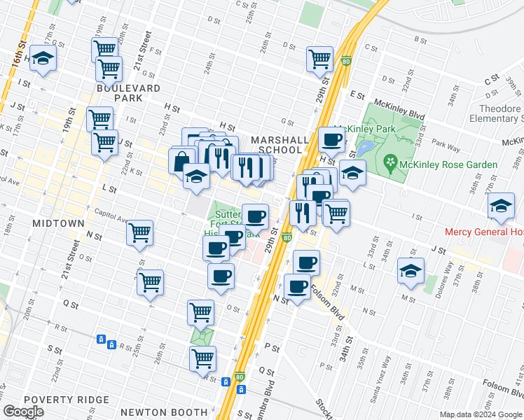 map of restaurants, bars, coffee shops, grocery stores, and more near 2801 K Street in Sacramento