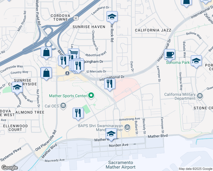 map of restaurants, bars, coffee shops, grocery stores, and more near 3577 Mather Field Road in Rancho Cordova