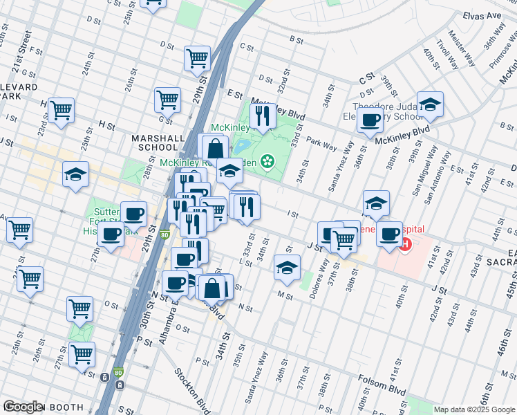 map of restaurants, bars, coffee shops, grocery stores, and more near 940 33rd Street in Sacramento