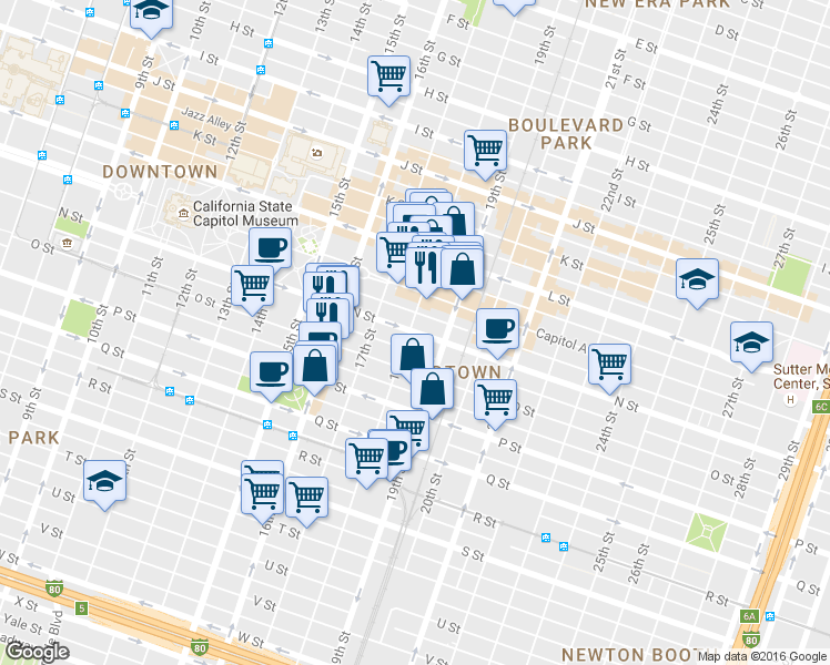 map of restaurants, bars, coffee shops, grocery stores, and more near 1414 18th Street in Sacramento