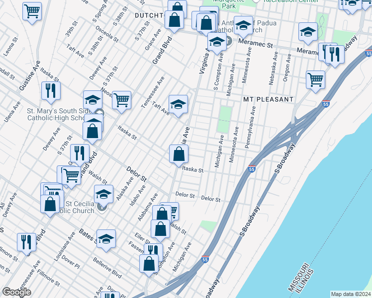 map of restaurants, bars, coffee shops, grocery stores, and more near 3512 Pulaski Street in St. Louis