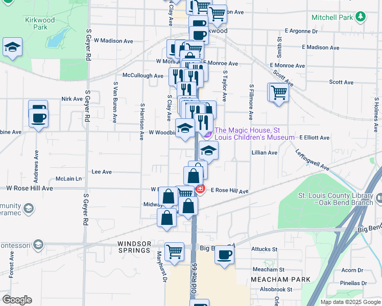 map of restaurants, bars, coffee shops, grocery stores, and more near 613 South Kirkwood Road in Kirkwood