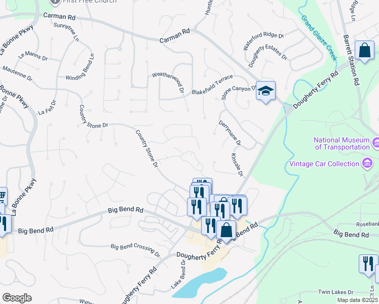 map of restaurants, bars, coffee shops, grocery stores, and more near 716 Overlook Circle Drive in Ballwin