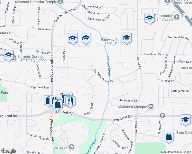 map of restaurants, bars, coffee shops, grocery stores, and more near 715 Shallowford Drive in Ballwin