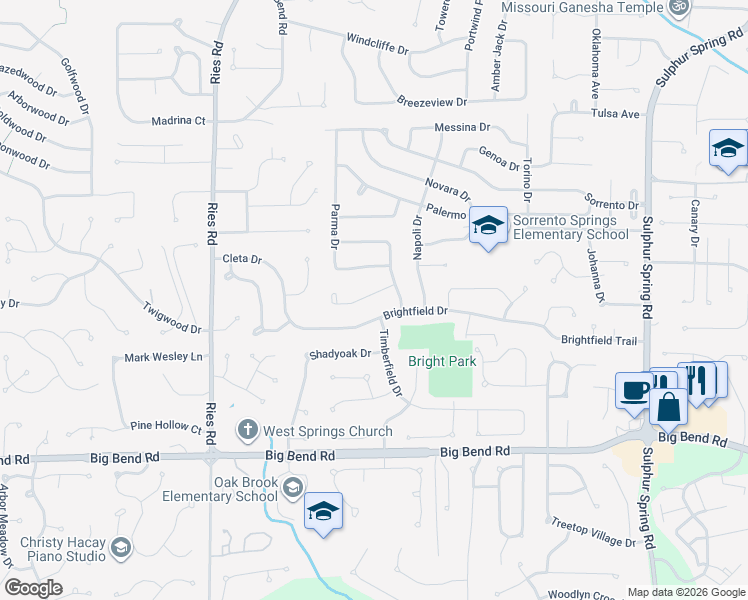 map of restaurants, bars, coffee shops, grocery stores, and more near 199 Brightfield Drive in Ballwin