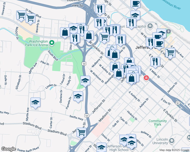 map of restaurants, bars, coffee shops, grocery stores, and more near 908 Broadway in Jefferson City