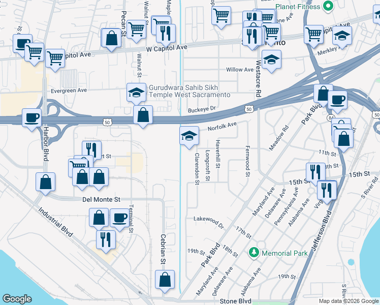 map of restaurants, bars, coffee shops, grocery stores, and more near 1100 Clarendon Street in West Sacramento