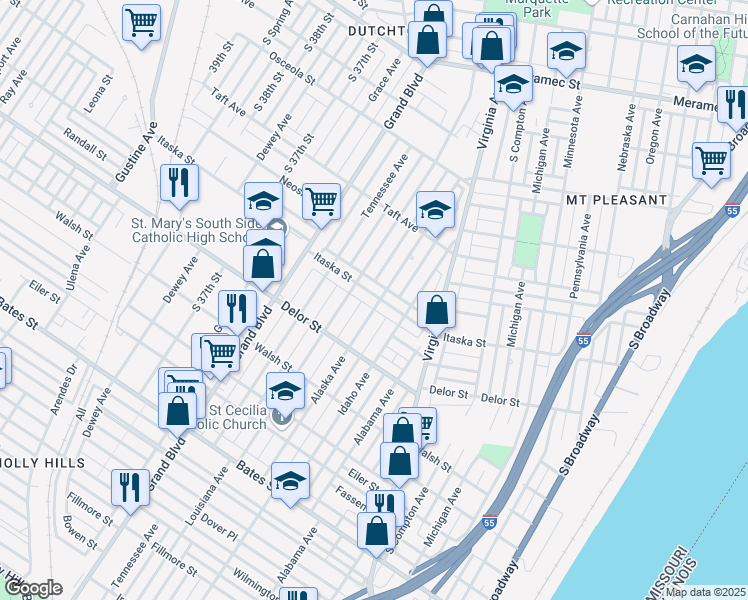 map of restaurants, bars, coffee shops, grocery stores, and more near 3438 Itaska Street in St. Louis