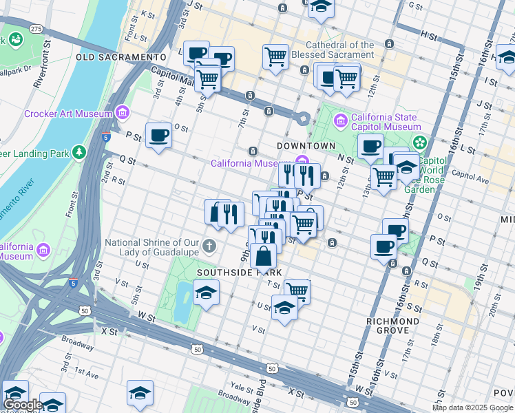 map of restaurants, bars, coffee shops, grocery stores, and more near 1700 9th Street in Sacramento
