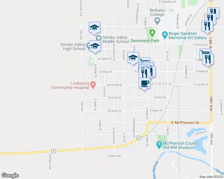 map of restaurants, bars, coffee shops, grocery stores, and more near 112 South Chestnut Street in Lindsborg