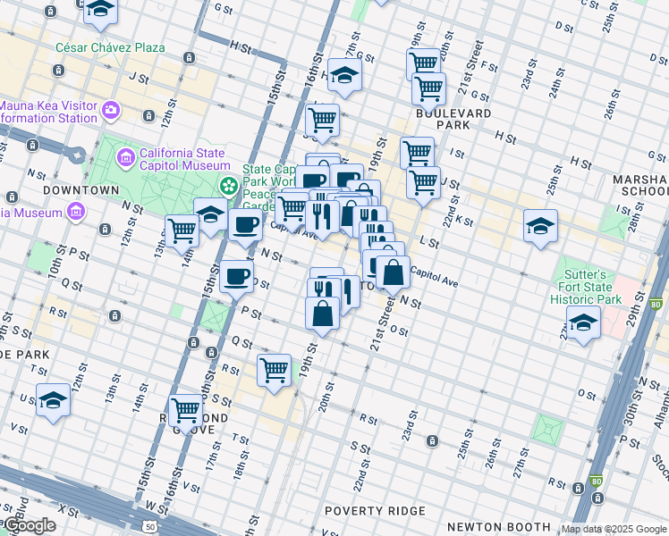 map of restaurants, bars, coffee shops, grocery stores, and more near 1830 N Street in Sacramento