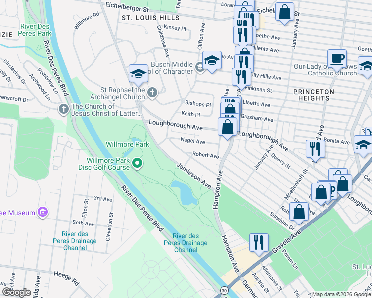 map of restaurants, bars, coffee shops, grocery stores, and more near 6211 Robert Avenue in Saint Louis