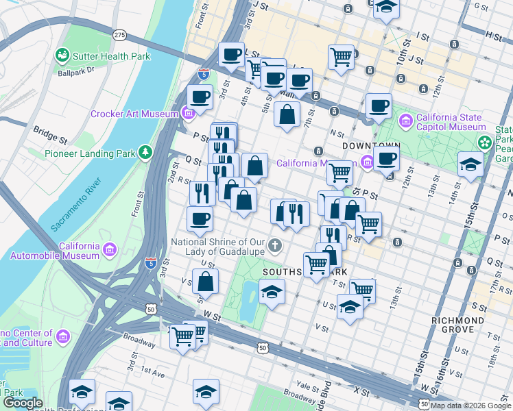 map of restaurants, bars, coffee shops, grocery stores, and more near R Street & 6th Street in Sacramento
