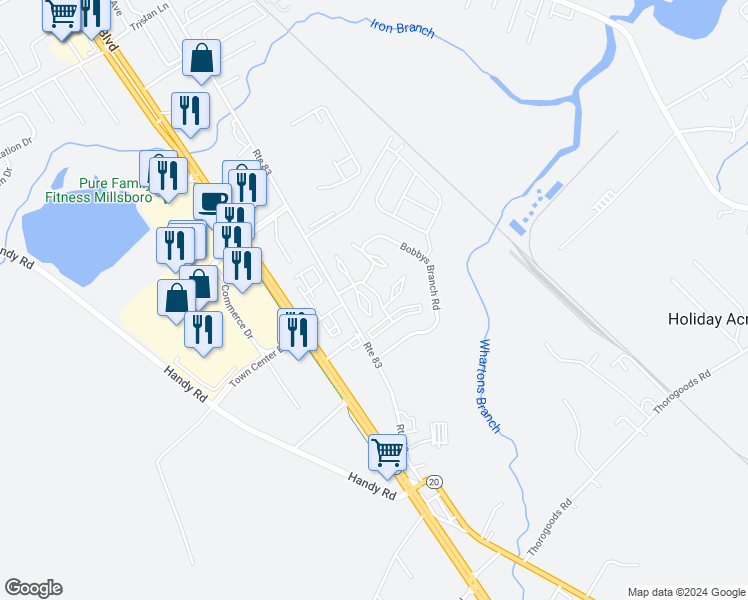map of restaurants, bars, coffee shops, grocery stores, and more near 121 Nicoles Court in Millsboro