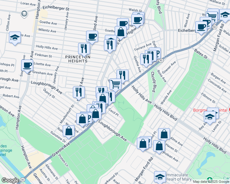 map of restaurants, bars, coffee shops, grocery stores, and more near 6601 Gravois Avenue in St. Louis