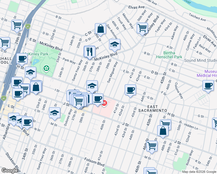 map of restaurants, bars, coffee shops, grocery stores, and more near 657 San Miguel Way in Sacramento