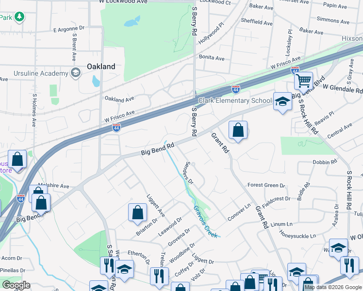 map of restaurants, bars, coffee shops, grocery stores, and more near 9526 Big Bend Boulevard in St. Louis