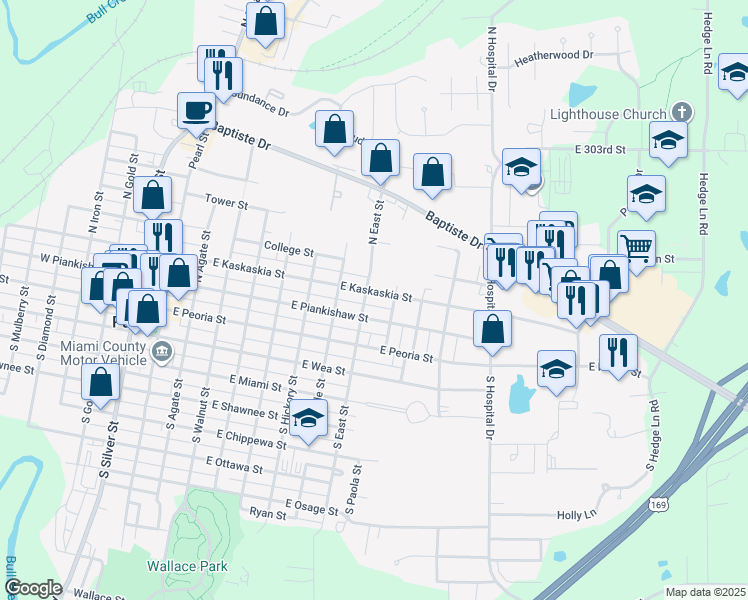 map of restaurants, bars, coffee shops, grocery stores, and more near 702 East Piankishaw Street in Paola