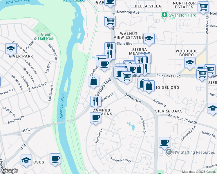 map of restaurants, bars, coffee shops, grocery stores, and more near 3 Parkcenter Drive in Sacramento