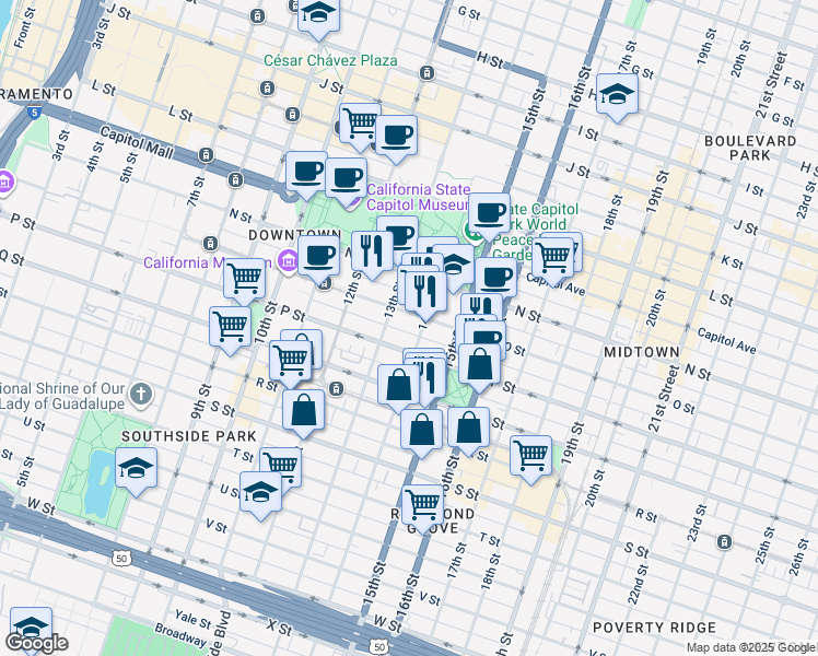 map of restaurants, bars, coffee shops, grocery stores, and more near 1322 O Street in Sacramento