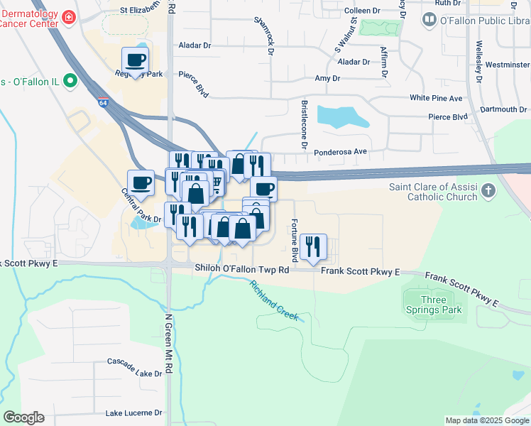 map of restaurants, bars, coffee shops, grocery stores, and more near 3400 Green Mount Crossing Drive in O'Fallon