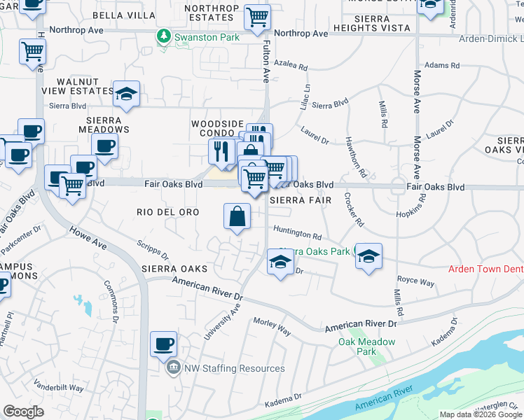 map of restaurants, bars, coffee shops, grocery stores, and more near 2520 Villa Terrace Lane in Sacramento