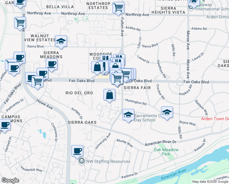 map of restaurants, bars, coffee shops, grocery stores, and more near 2520 Villa Terrace Lane in Sacramento