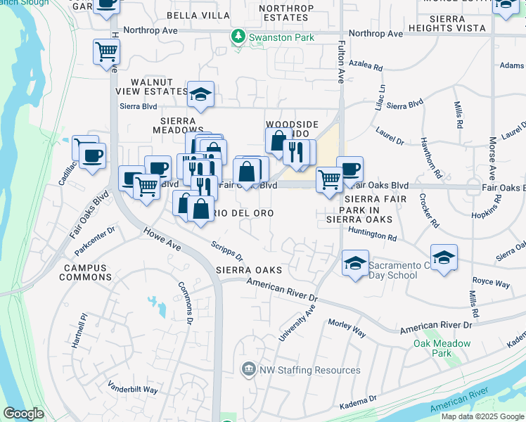 map of restaurants, bars, coffee shops, grocery stores, and more near 353 Rio Del Oro Lane in Sacramento