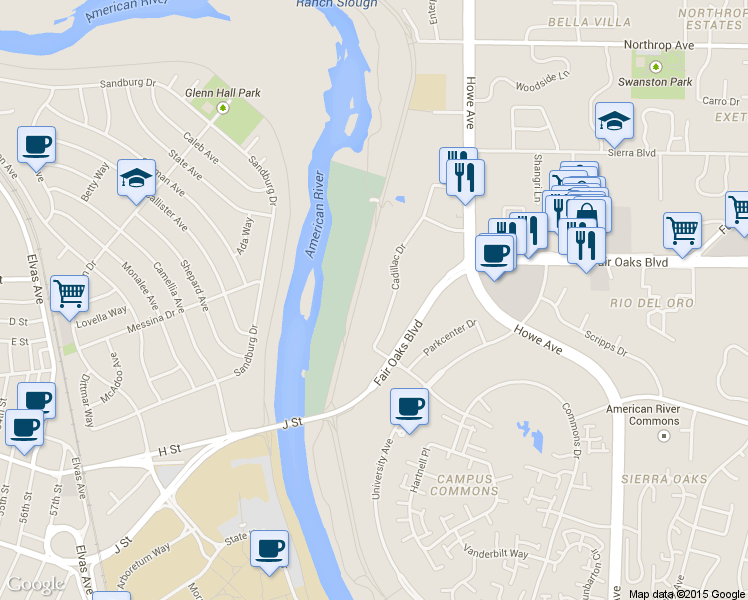 map of restaurants, bars, coffee shops, grocery stores, and more near 77 Cadillac Drive in Sacramento