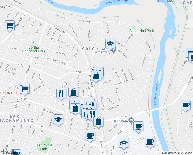 map of restaurants, bars, coffee shops, grocery stores, and more near 5489 Carlson Drive in Sacramento